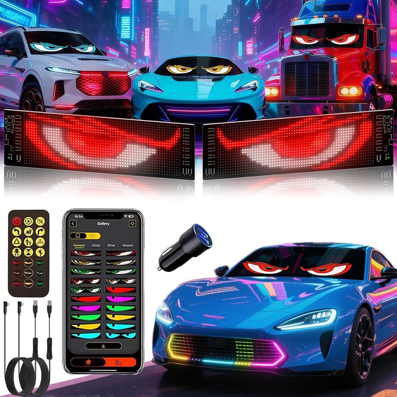 YOUBISON 2 قطع 4 بوصة × 13.7 بوصة أضواء عيون الشيطان لزجاج السيارة الأمامي، لوحة مصفوفة LED تعمل بالطاقة من USB لنوافذ السيارات، SUVs والشاحنات، شاشة LED مرنة قابلة للبرمجة مع تحكم عبر التطبيق - Image 1